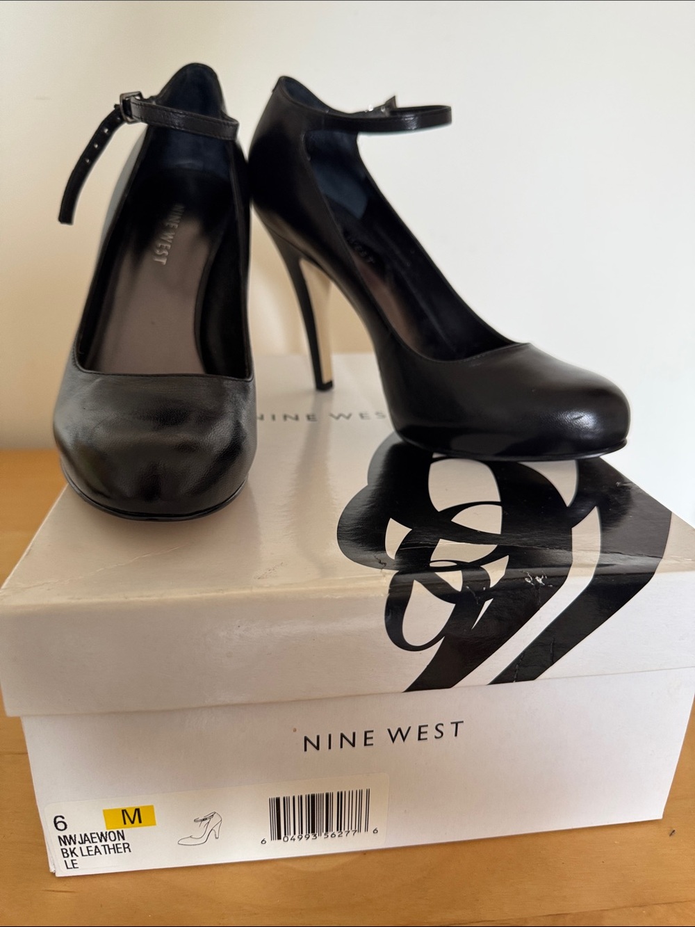 Nine West Black Leather Ankle-Strap Stiletto Pumps